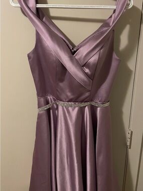May Queen Lavender Satin Prom Dress with Beaded Waist
